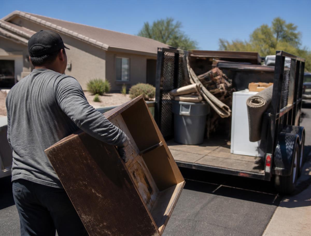 Unmarked box truck being loaded with old furniture during a junk removal job