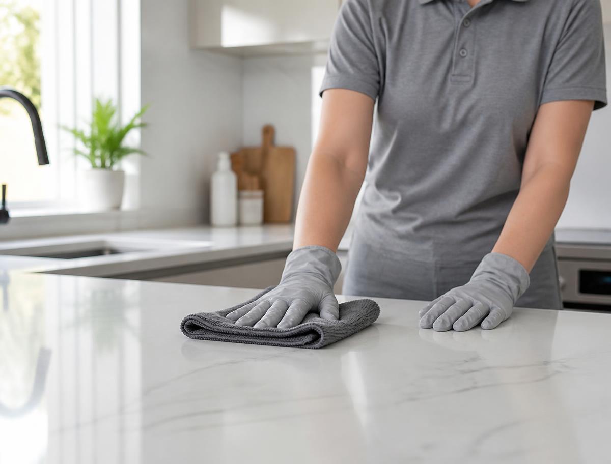 Professional cleaning a kitchen countertop with a microfiber cloth