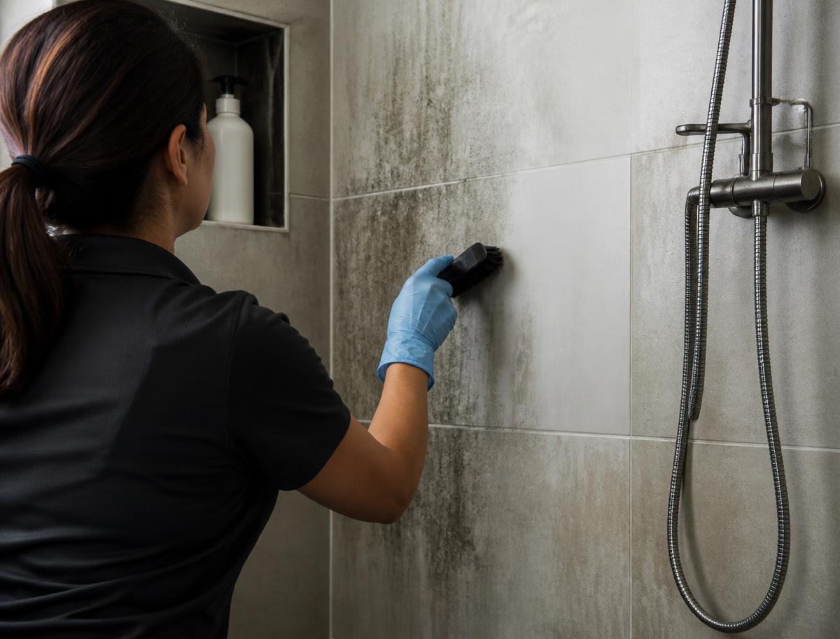 Professional cleaner performing detailed deep-clean work on tile and grout buildup