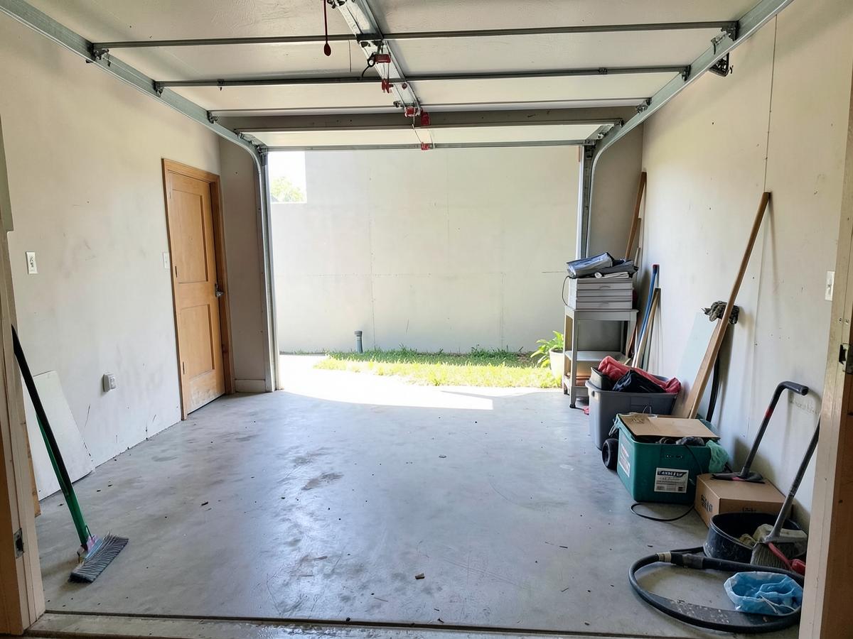 Garage midway through a property cleanout with a swept concrete floor